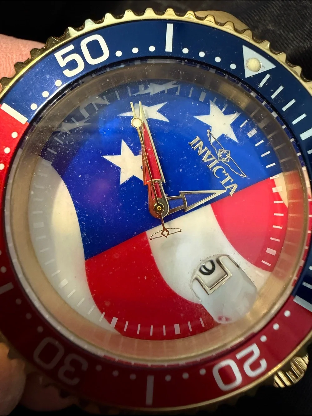 Invicta Gold Tone Dive Watch with Red, White and Blue Flag Dial